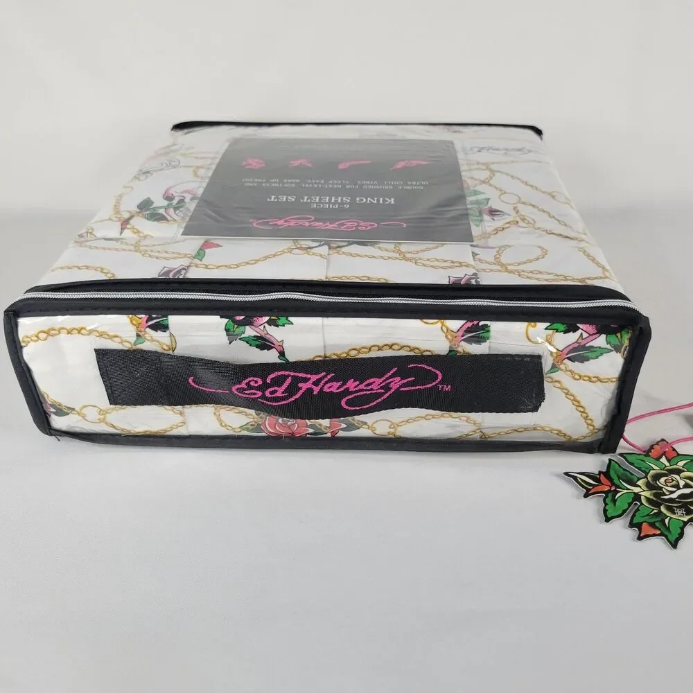 Ed Hardy KING Sheets Set 6pc White Pink Skull Roses Gold Chain Love Kills Tattoo
